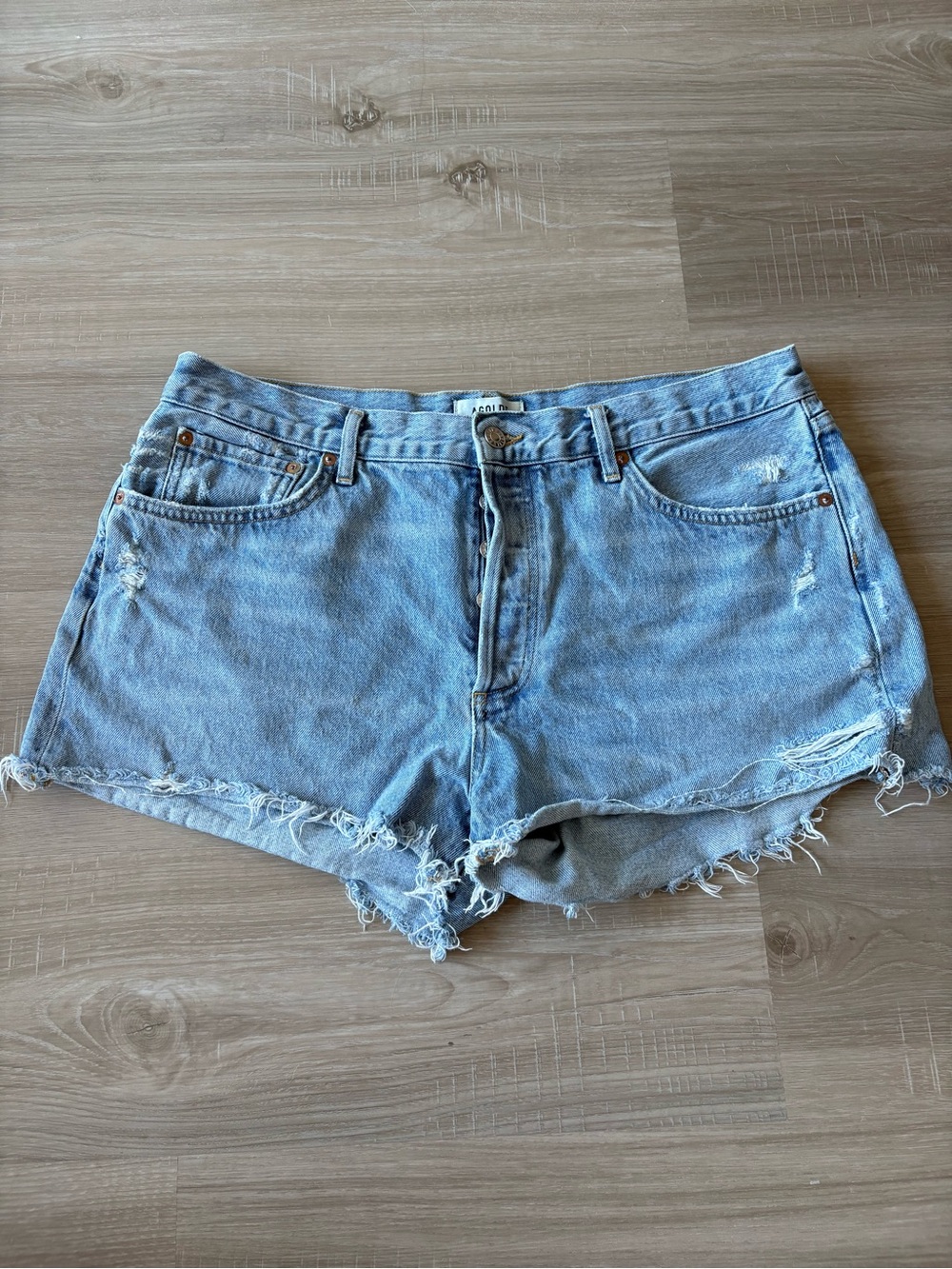 Agolde Light Blue Distressed High-Rise Denim Shorts